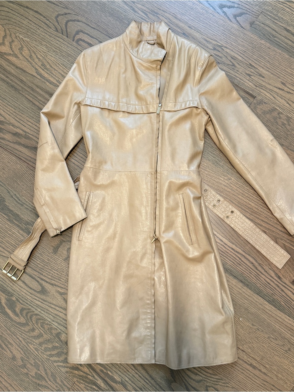 VTG Y2K 100% Leather Trench Long Coat Beige Women S Grommet Belt Classic Gold